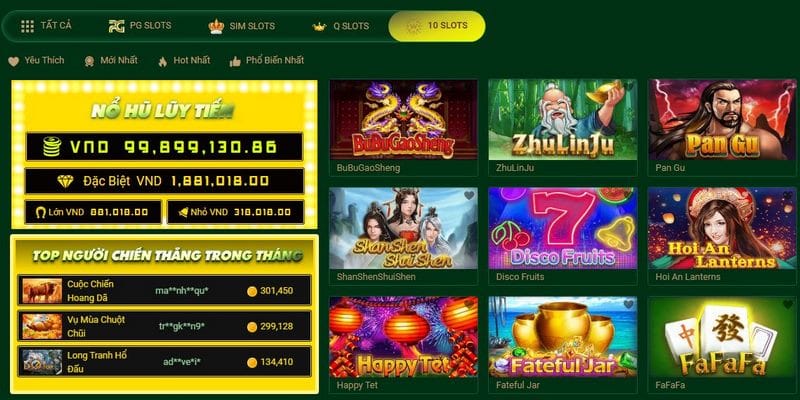 Tham gia cùng sảnh 10 Slots nhận thưởng giá trị